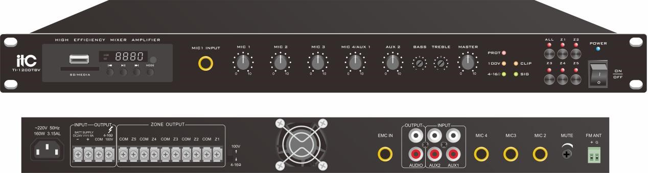 Amply ITC TI-350DTBV 5 vùng loa 350W, phát nhạc MP3, FM, Bluettooth, có nguồn 24V DC